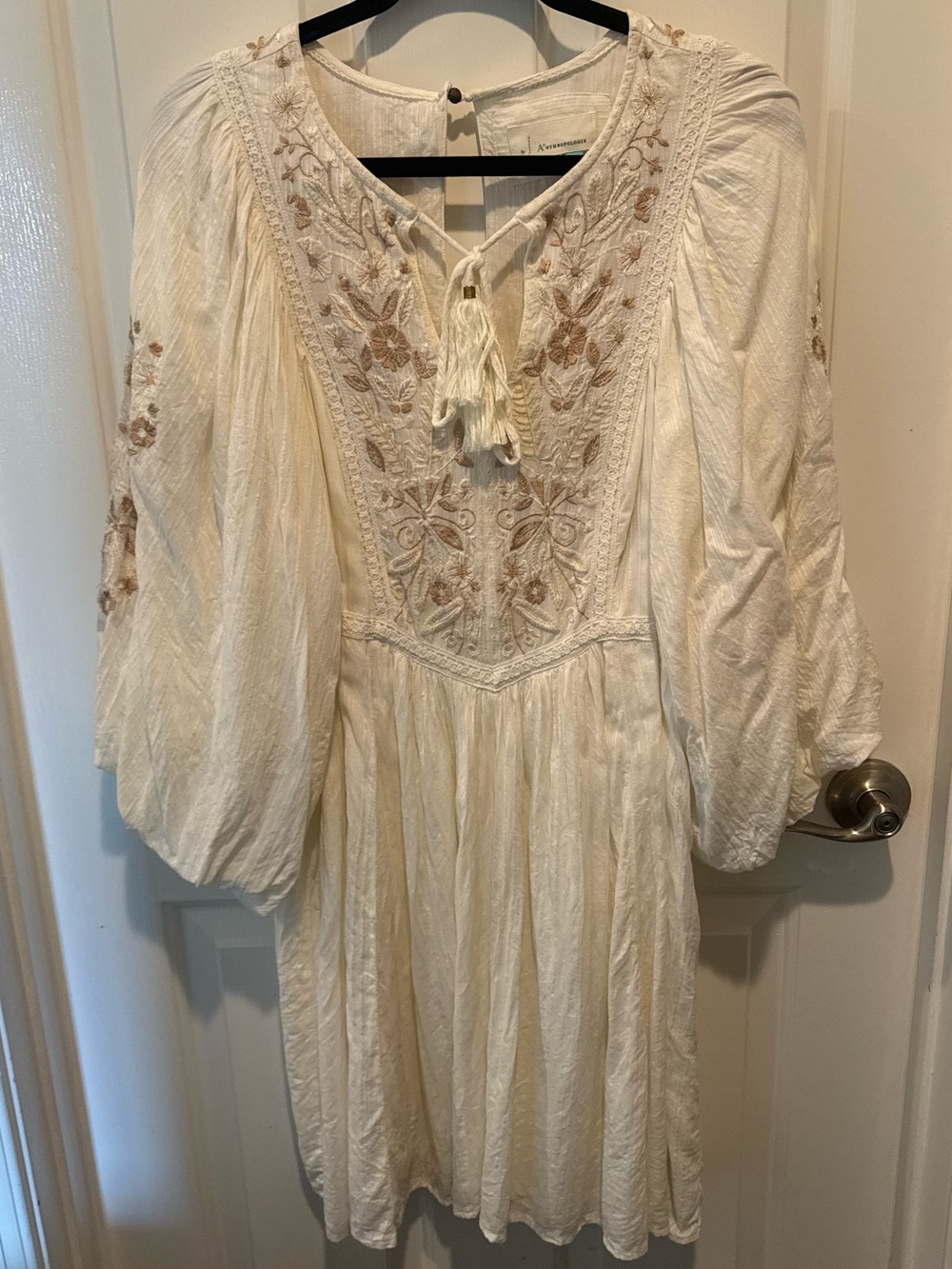 Anthropologie Boho Embroidered Tassel Tie Cream Dress Size 1X